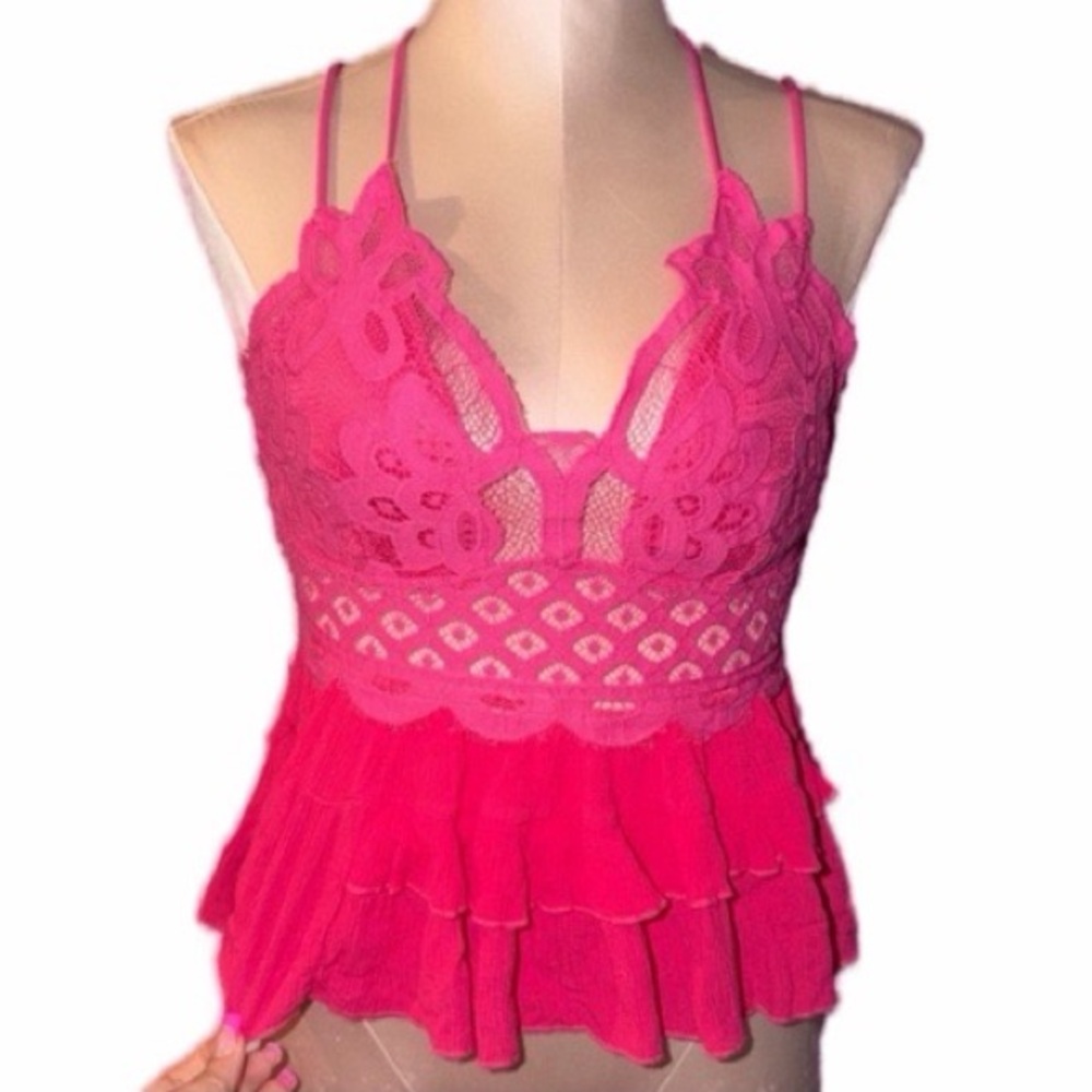Adorable Y2K Summery Hot Pink Lace Babydoll Cami Top